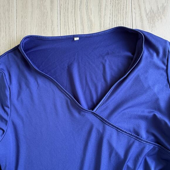 Royal Blue Long Sleeve Stretch Wrap V-Neck Top – Size Large - Picture 2 of 5